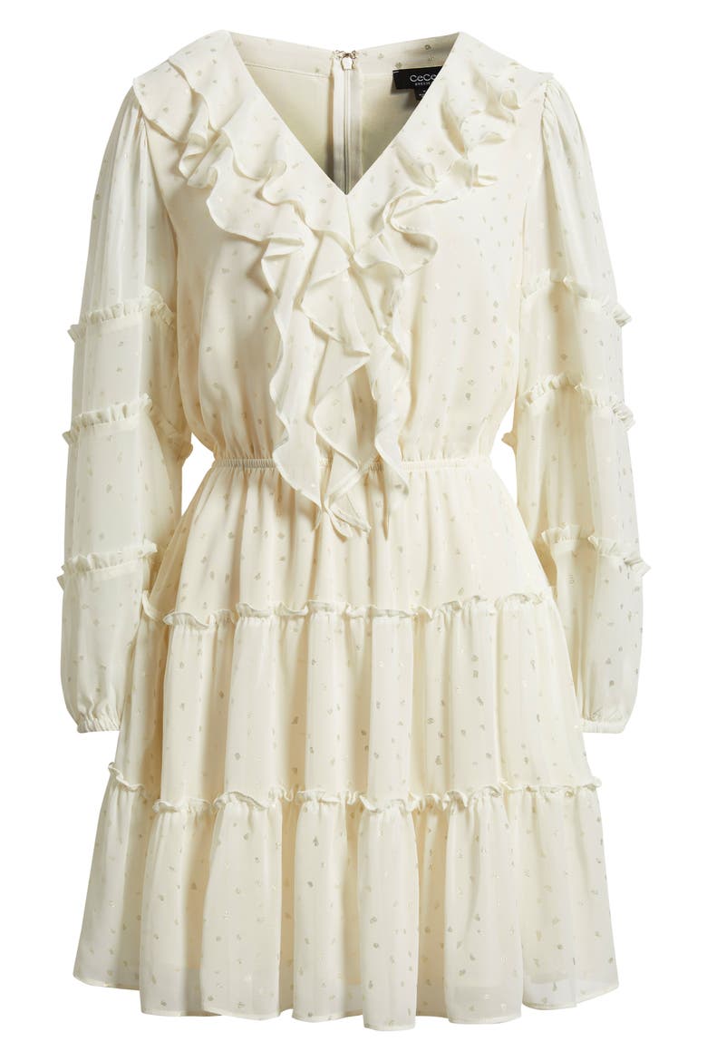 Metallic Dot Long Sleeve Ruffle Dress, Alternate, color, NEW IVORY