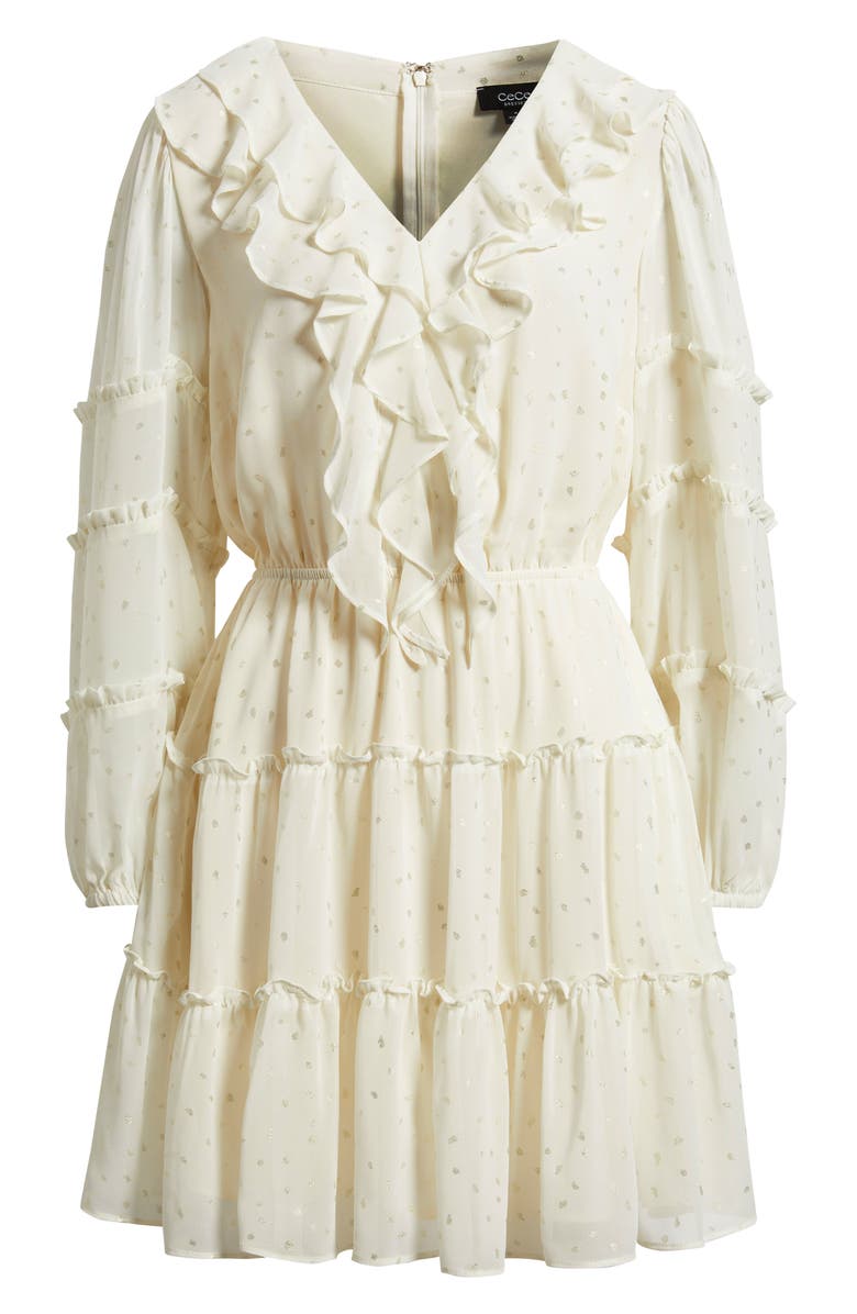 CeCe Metallic Dot Long Sleeve Ruffle Dress, Alternate, color, New Ivory