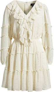 CeCe Metallic Dot Long Sleeve Ruffle Dress