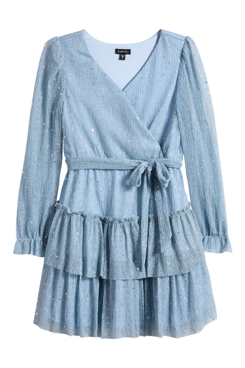 Kids' Metallic Long Sleeve Plissé Dress, Main, color, ICY BLUE