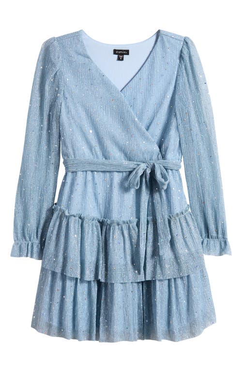 Zunie Kids' Metallic Long Sleeve Plissé Dress in Icy Blue 