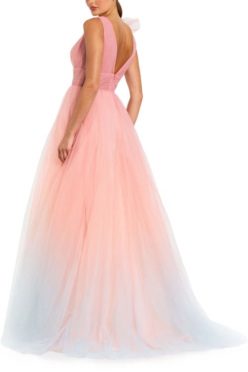 Mac Duggal Ruffle Shoulder V Neck Ombre Tulle Ballgown