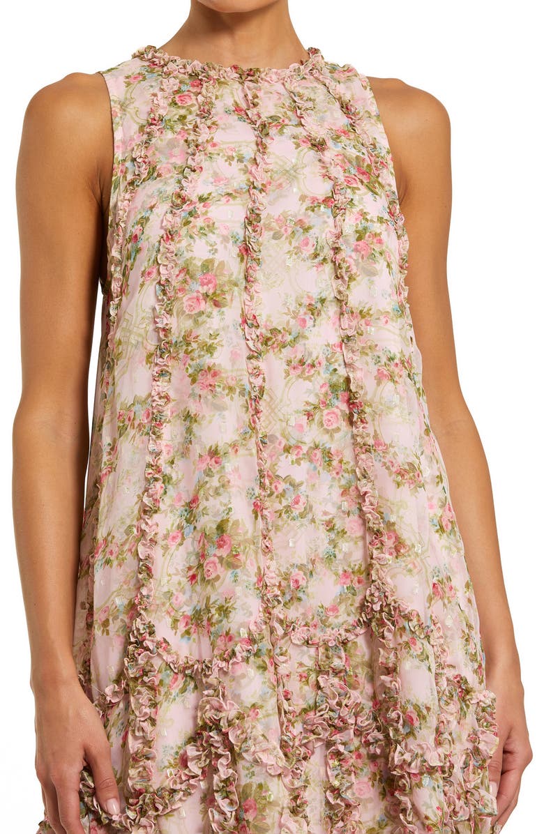 Mac Duggal Floral Ruffle High Neck Chiffon Midi Dress, Alternate, color, Pink Multi