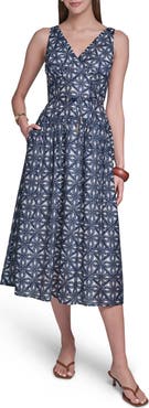 HALSTON Printed Drop Waist Dress