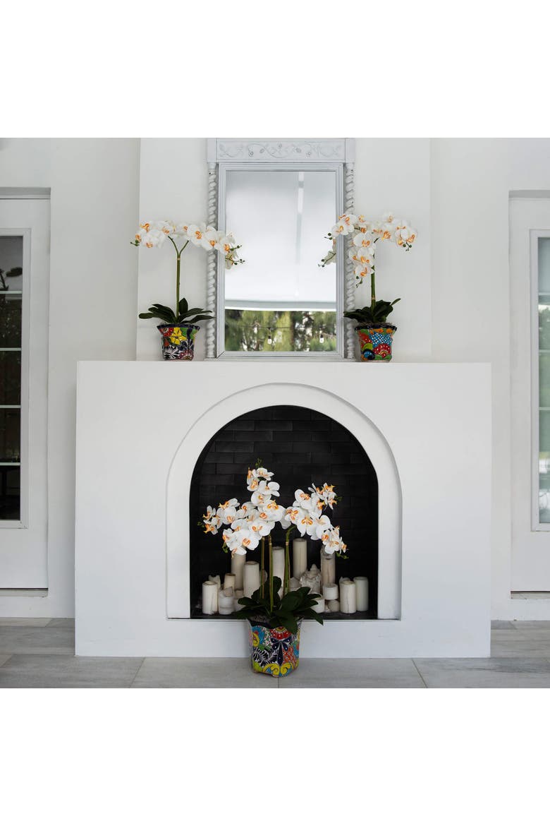 26-in Artificial Double Orchid Arrangement in Handmade Mexican Talavera Ceramic Planter, Alternate, color, Green
