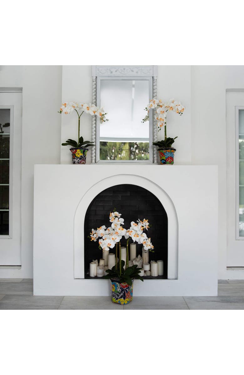 NEARLY NATURAL 26-in Artificial Double Orchid Arrangement in Handmade Mexican Talavera Ceramic Planter, Alternate, color, Green