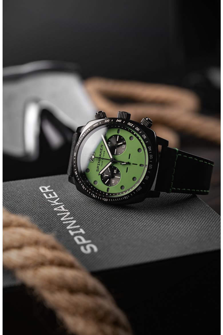 Hull Chronograph Leather Strap Watch, 42mm, Alternate, color, GREEN