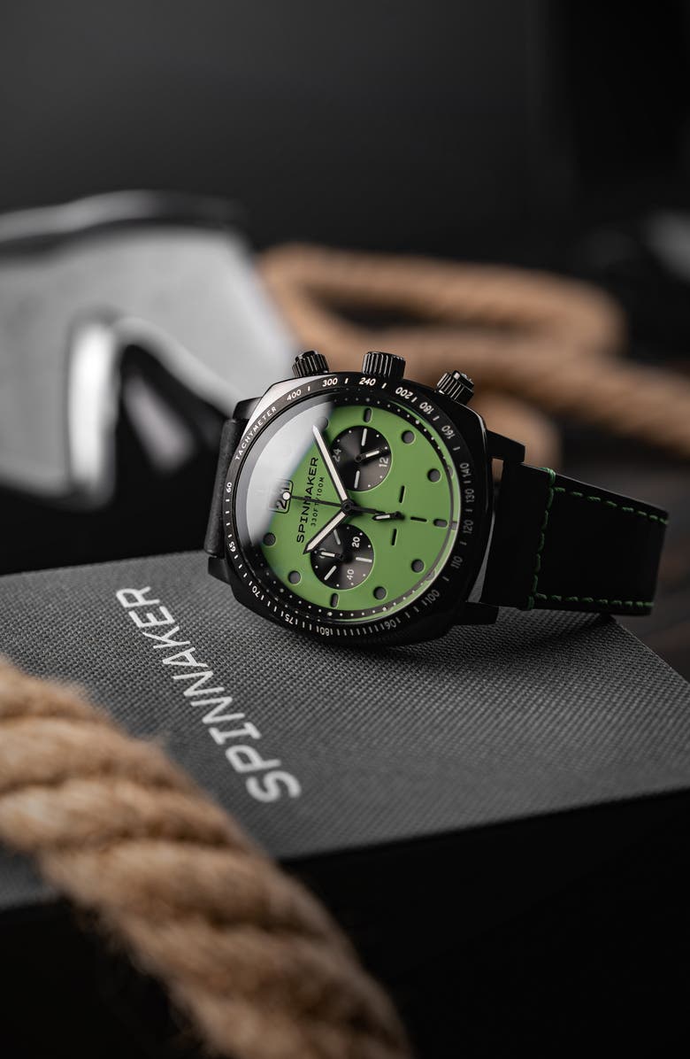 SPINNAKER Hull Chronograph Leather Strap Watch, 42mm, Alternate, color, Green