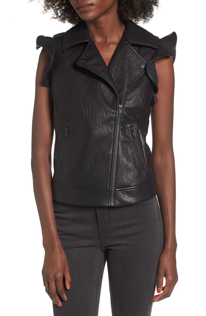 Leith Ruffle Faux Leather Vest, Alternate, color, 