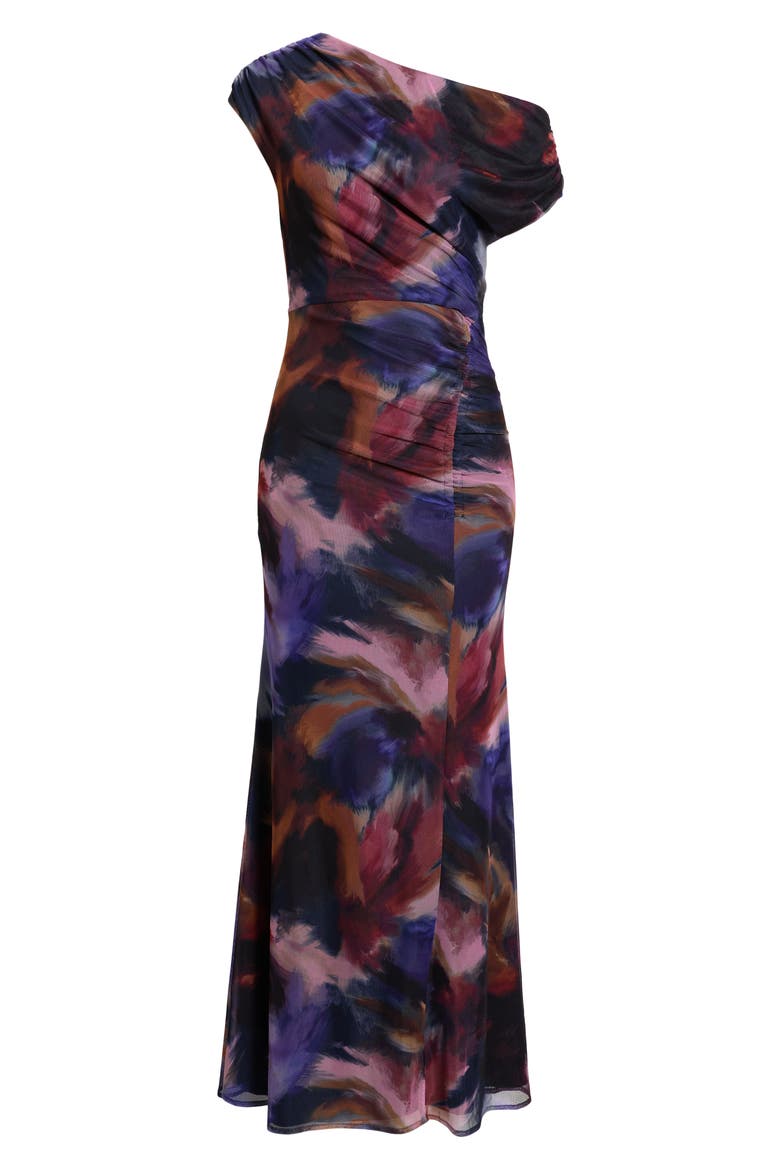 Asymmetric Ruched Mesh Gown, Alternate, color, NAVY MULTI