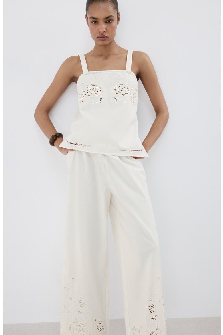Wide Leg Openwork Embroidered Pants, Alternate, color, OFF WHITE