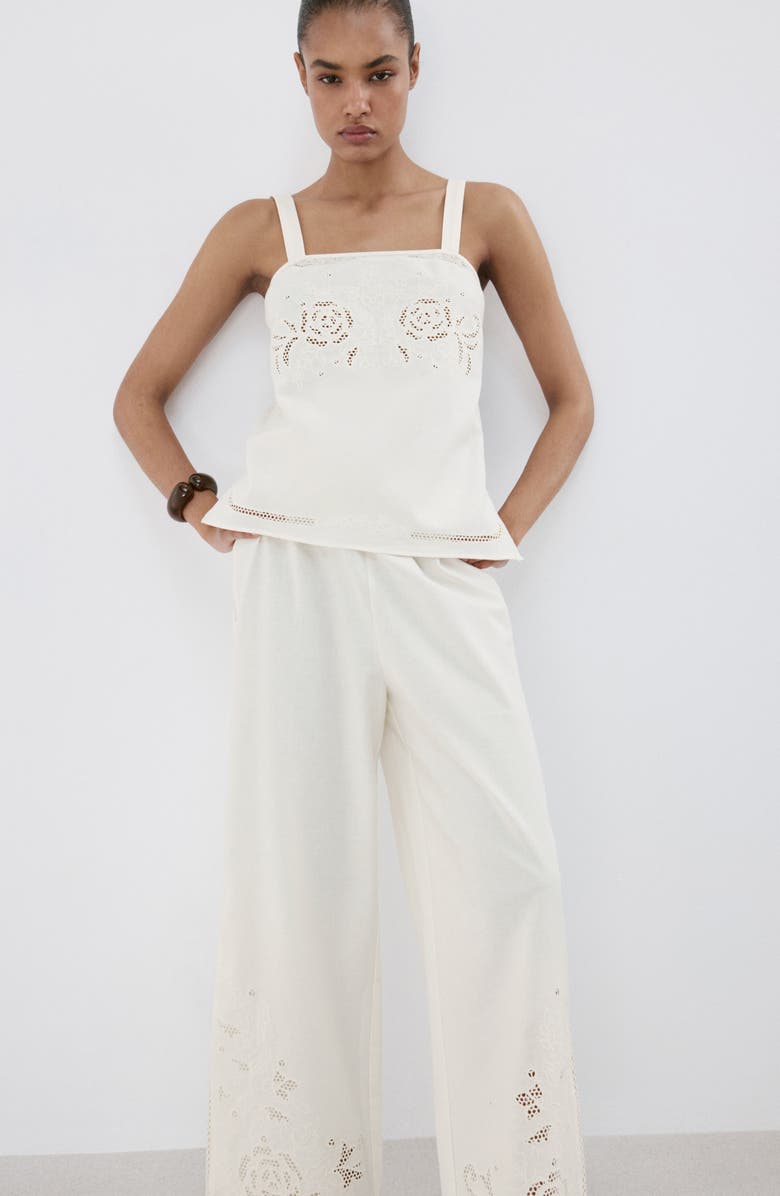 MANGO Wide Leg Openwork Embroidered Pants, Alternate, color,