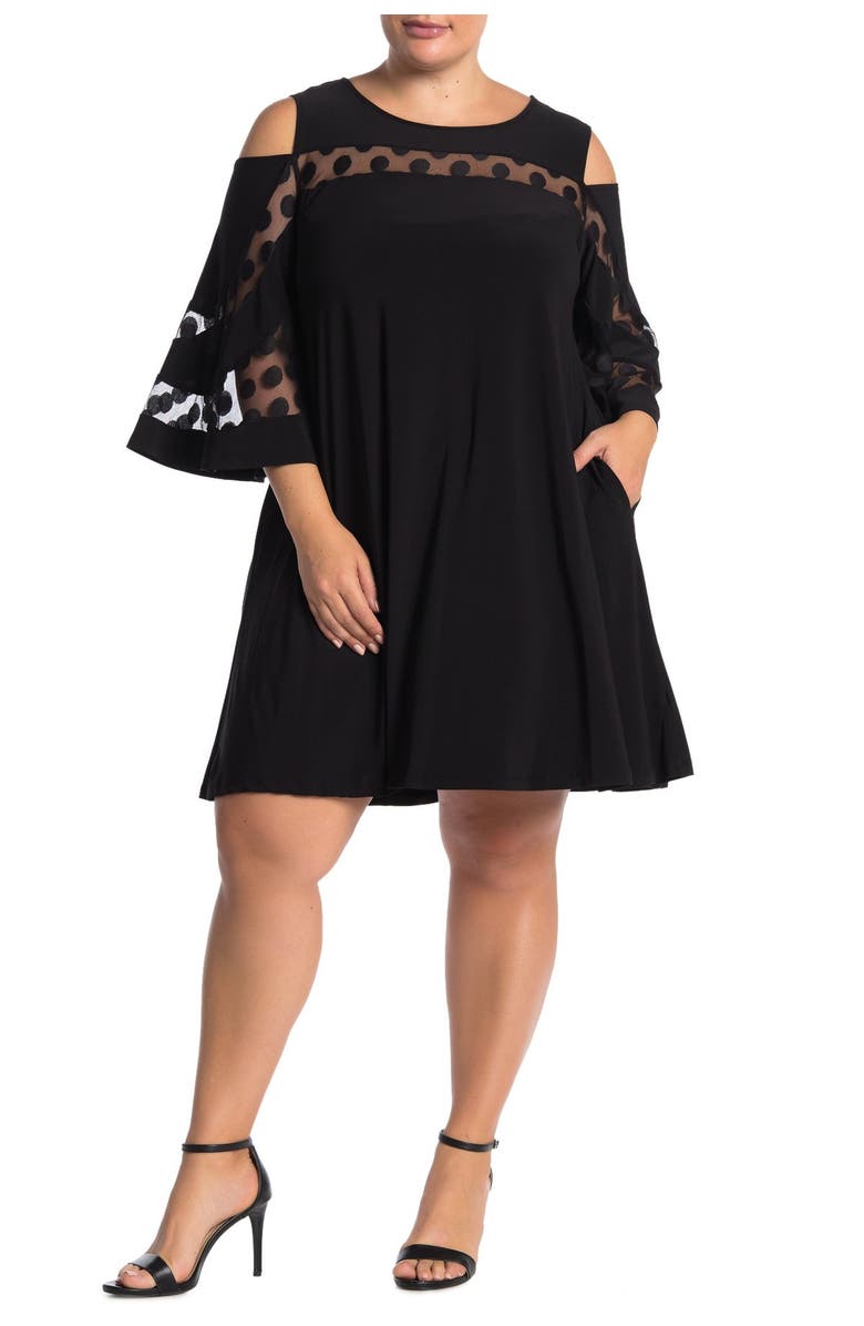 Nina Leonard Jewel Neck Cold Shoulder Three-Quarter Sleeve Dress, Main, color, Black