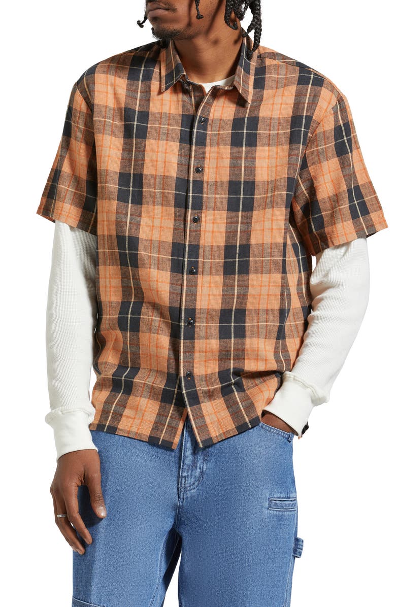 Brixton Cru Oversize Plaid Short Sleeve Linen & Cotton Button-Up Shirt, Main, color, 