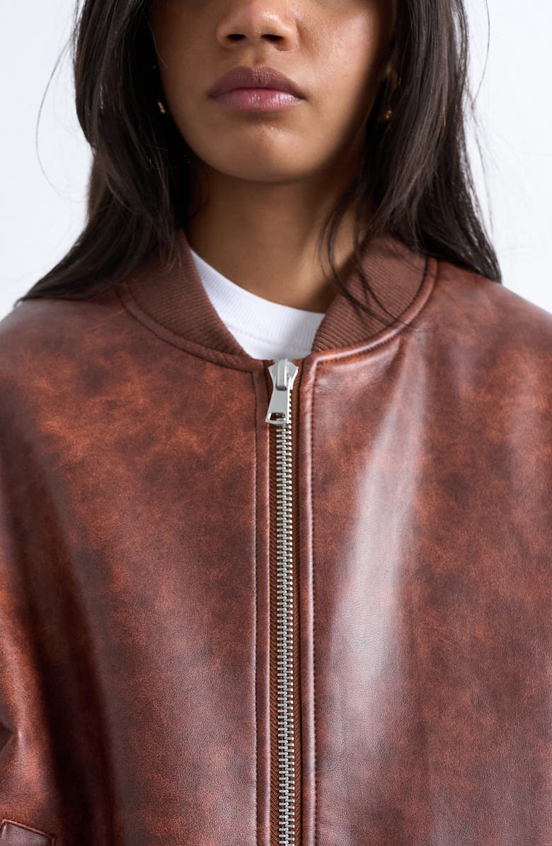 Topshop Oversize Faux Leather Bomber Jacket, Alternate, color, Tan