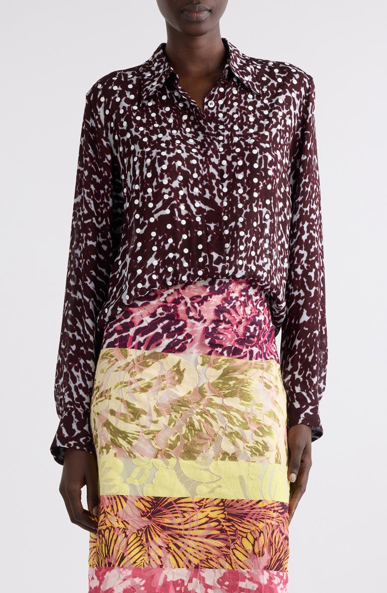 Dries Van Noten Chowy Mixed Print Button-Up Shirt, Main, color, Burgundy