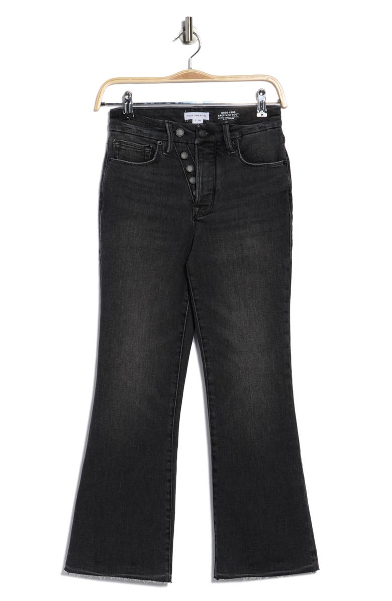 Good American Good Legs Exposed Button Raw Hem Crop Mini Bootcut Jeans, Alternate, color, Black K341