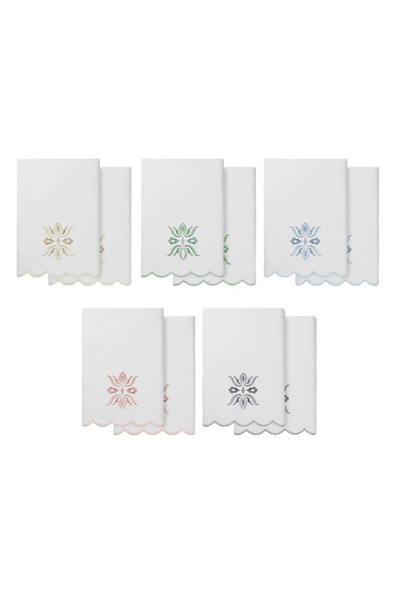 Flower Crest Scalloped Set of 2 Hand Towels, Alternate, color, WHITE/ GREEN