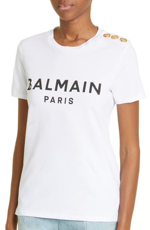 Balmain Button Shoulder Cotton Logo Graphic Tee In White