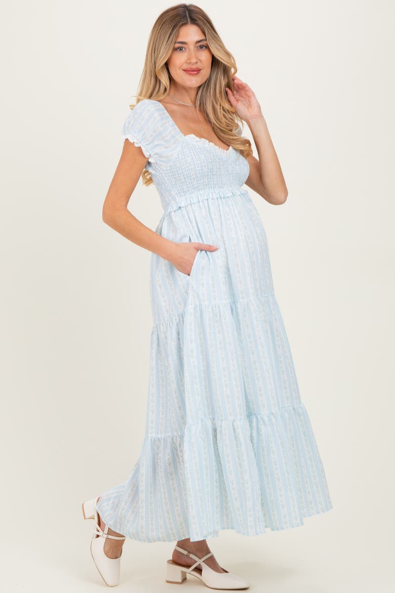 Floral Lace Trim Tiered Maxi Dress, Alternate, color, Light Blue