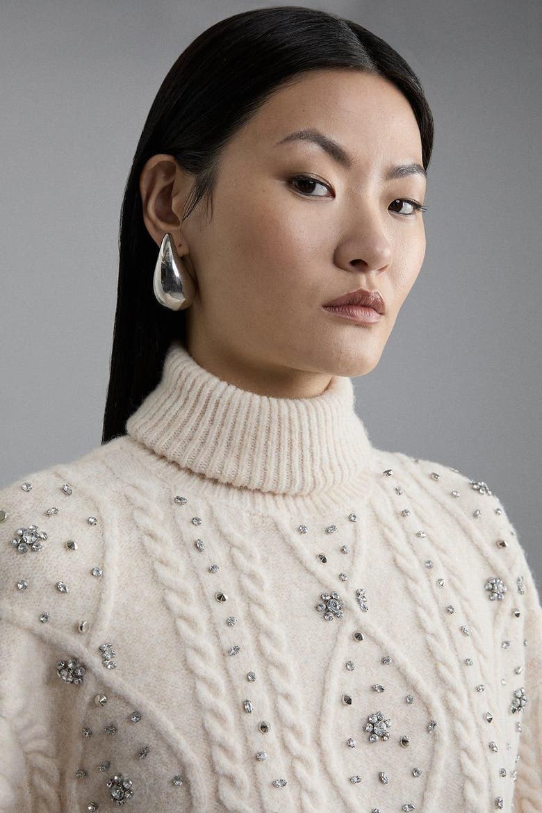 Wool Blend Embellished Cable Knit Jumper, Alternate, color, Cream