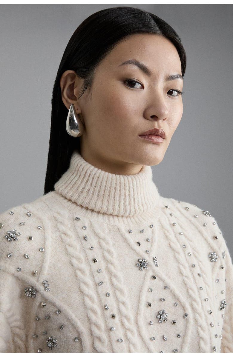 Karen Millen Wool Blend Embellished Cable Knit Jumper, Alternate, color, Cream