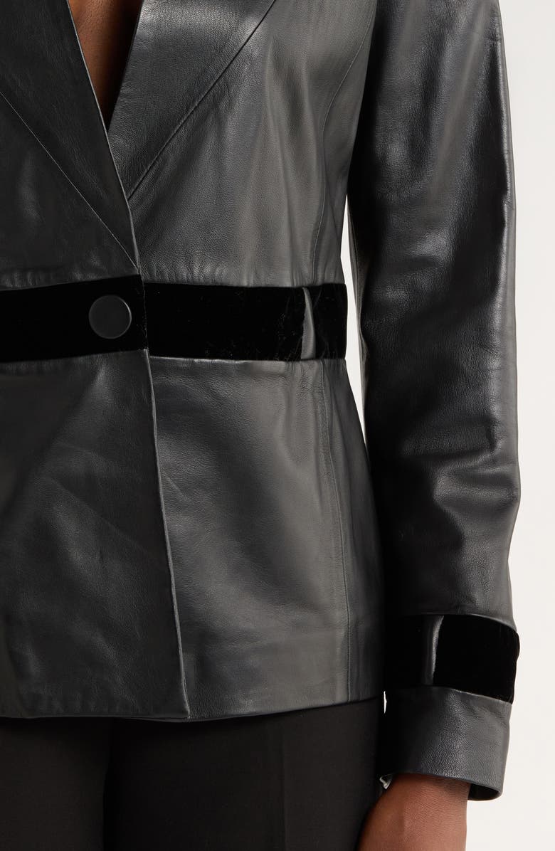 Emporio Armani Velvet Trim Leather Blazer, Alternate, color, Solid Black