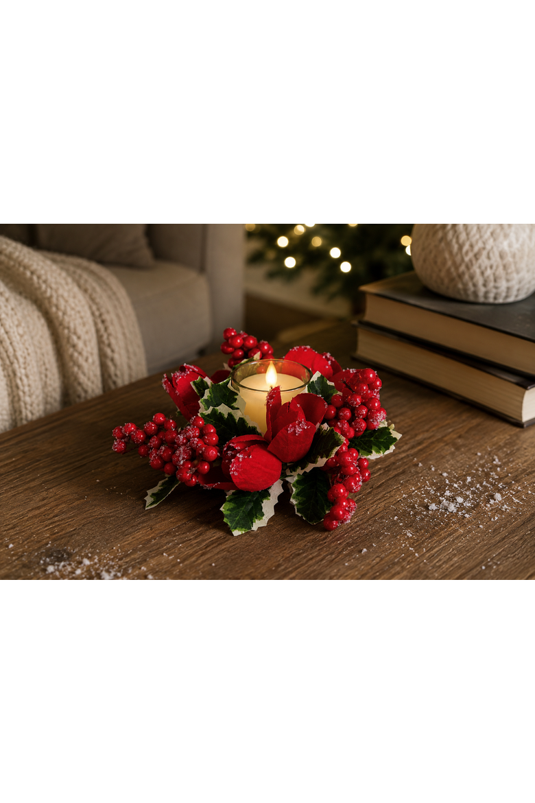 Christmas Holiday Floral Small Candle Wreath 3", Alternate, color, Red