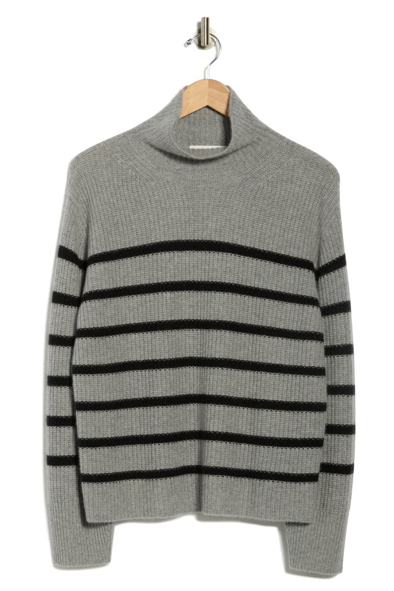 Cashmere Stripe Mock Neck Ribbed Sweater, Alternate, color, GREY HEATHER- BLACK STRIPE