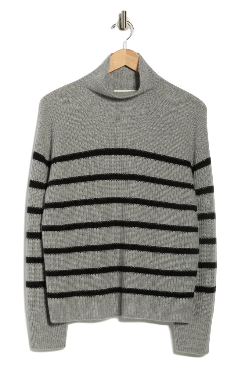Nordstrom Cashmere Stripe Mock Neck Ribbed Sweater, Alternate, color, Grey Heather- Black Stripe