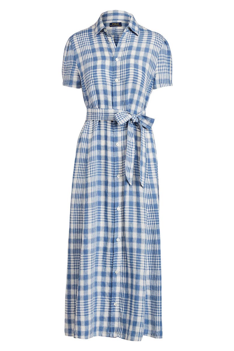 Plaid Short Sleeve Linen Midi Dress, Alternate, color, LIGHT BLUE/ WHITE PLAID