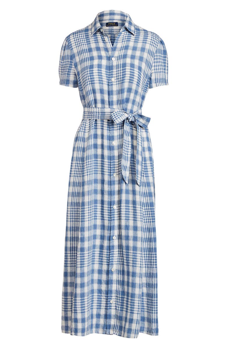 Polo Ralph Lauren Plaid Short Sleeve Linen Midi Dress, Alternate, color,