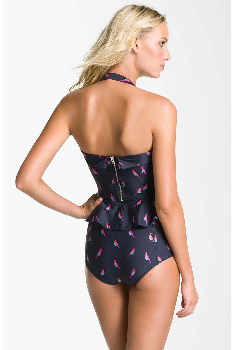 'Finch Charm' Peplum One Piece Swimsuit, Alternate, color, INK BIRD PRINT
