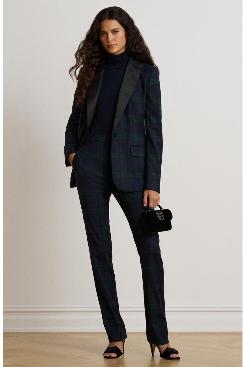 Satin Trim Plaid Blazer, Alternate, color, BLUE/ MULTI