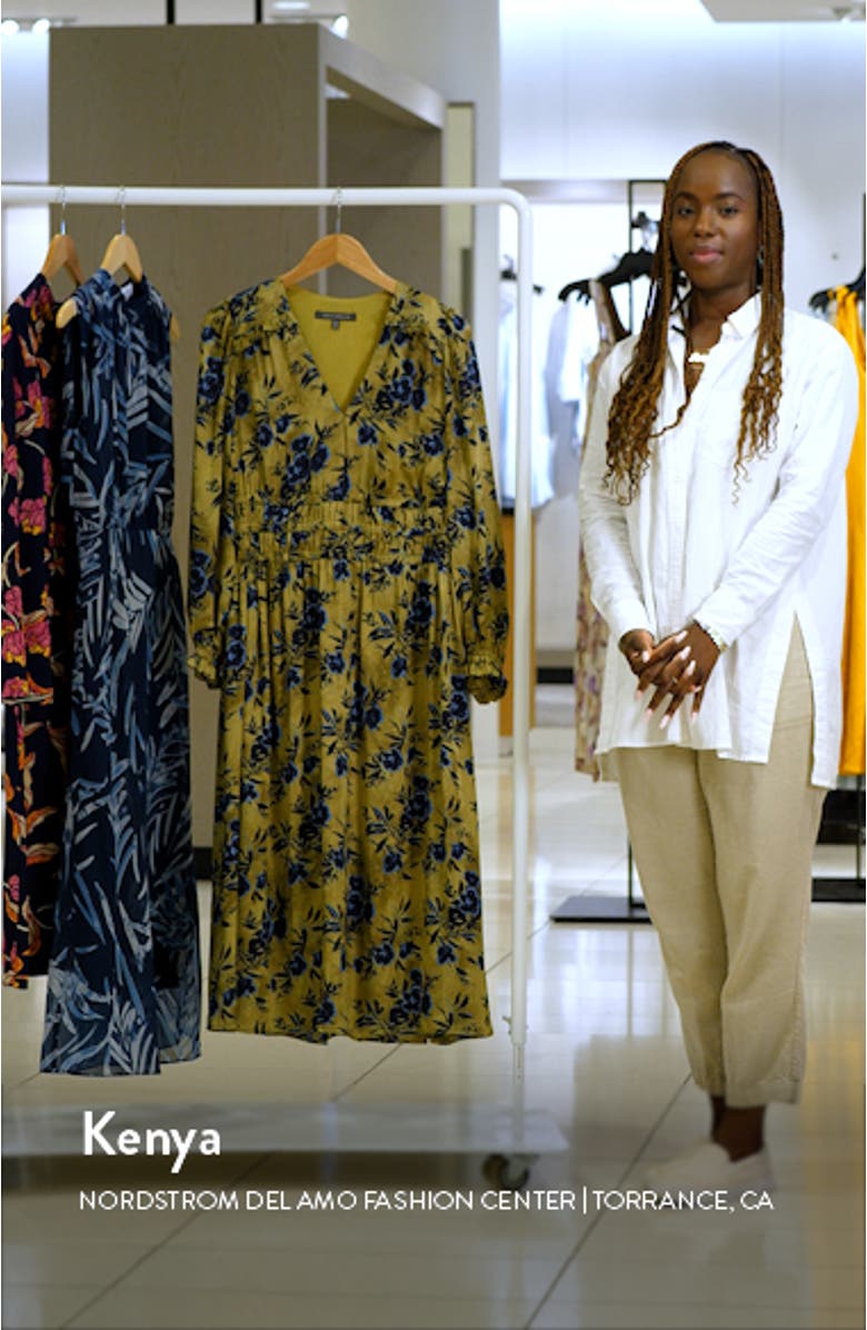 Floral Print Long Sleeve Shirred Midi Dress, sales video thumbnail