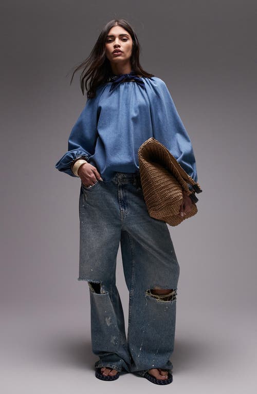 Shop Topshop Puff Sleeve Denim Shirt