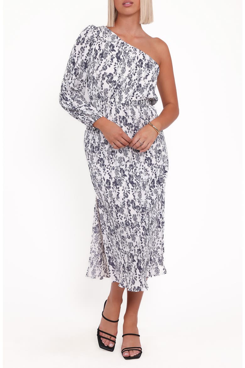 Pontee One-Shoulder Pleated Maxi Dress, Main, color, NAVY FLORAL