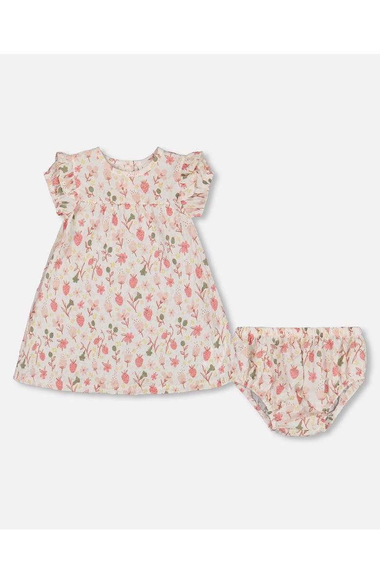 Deux par Deux Baby Girl's Printed Seersucker Dress And Bloomer Set Pink Flowers On Cream Background, Main, color, Pink Flowers On Cream
