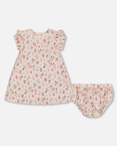 CREAM FLORAL SHORT SLEEVES DRESS AND BLOOMER IN ORGANIC COTTON, NEWBORN