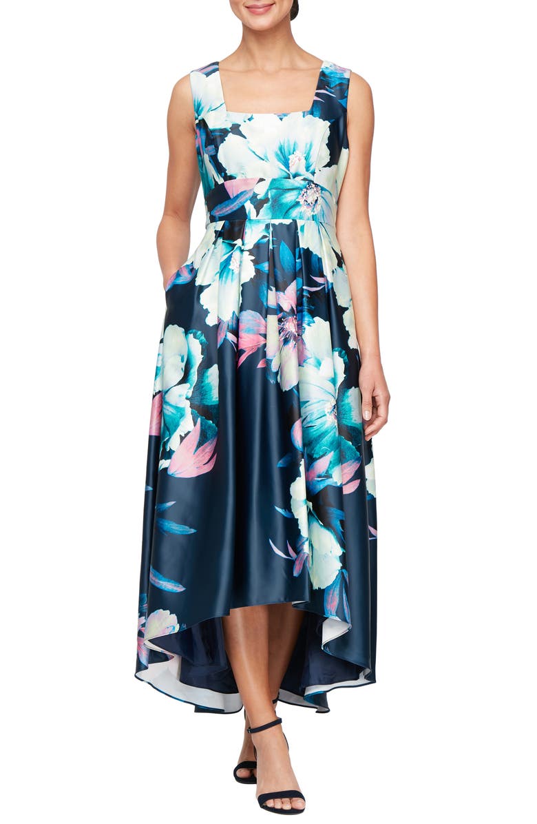 SL FASHIONS Floral High-Low Cocktail Dress, Main, color, Navy Multi