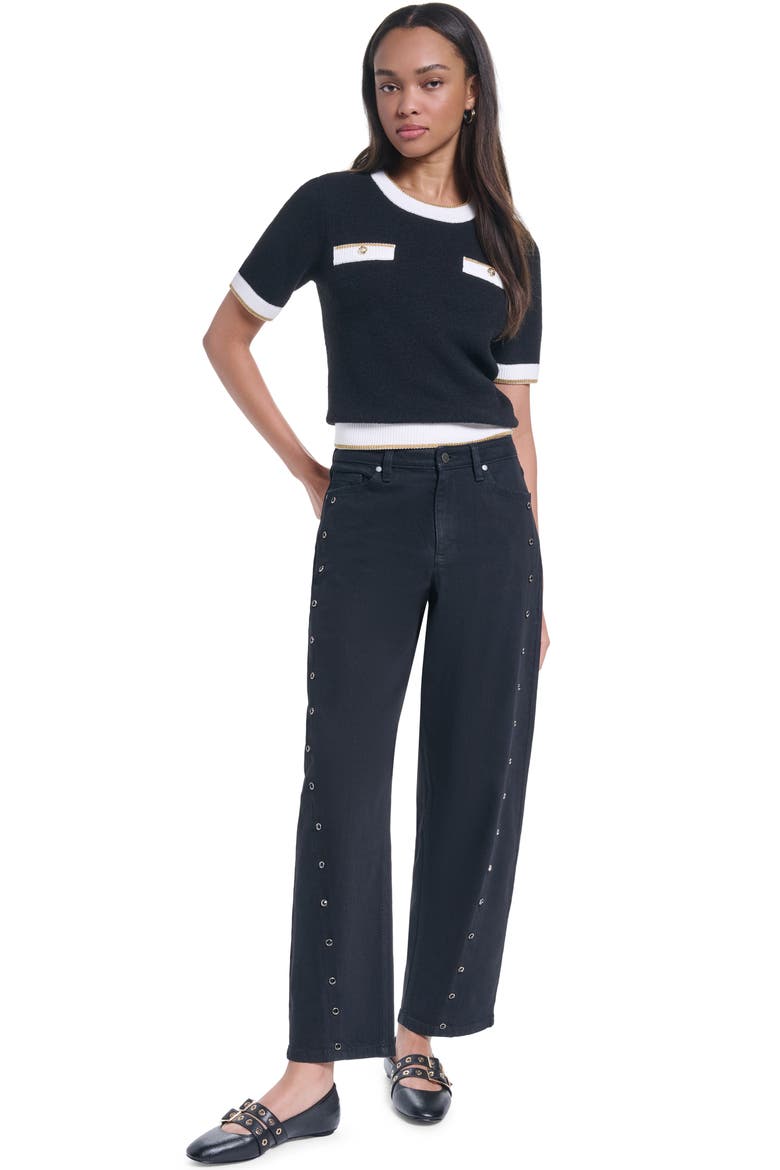 Grommet Detail Barrel Leg Jeans, Alternate, color, BLACK
