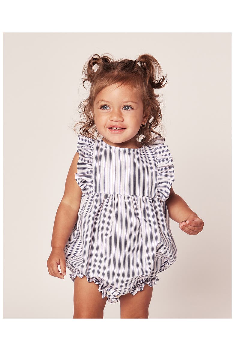 French Ticking Ruffled Romper, Alternate, color, NAVY