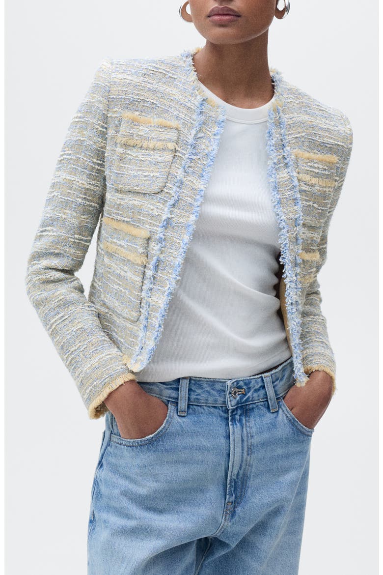 Fringe Detail Cotton Blend Tweed Jacket, Main, color, SKY BLUE