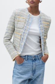 MANGO Fringe Detail Cotton Blend Tweed Jacket