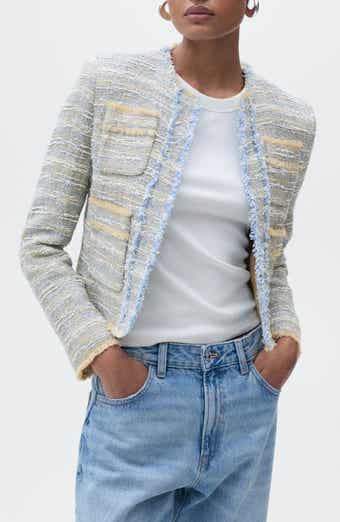 Fringe Detail Cotton Blend Tweed Jacket