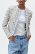 MANGO Fringe Detail Cotton Blend Tweed Jacket