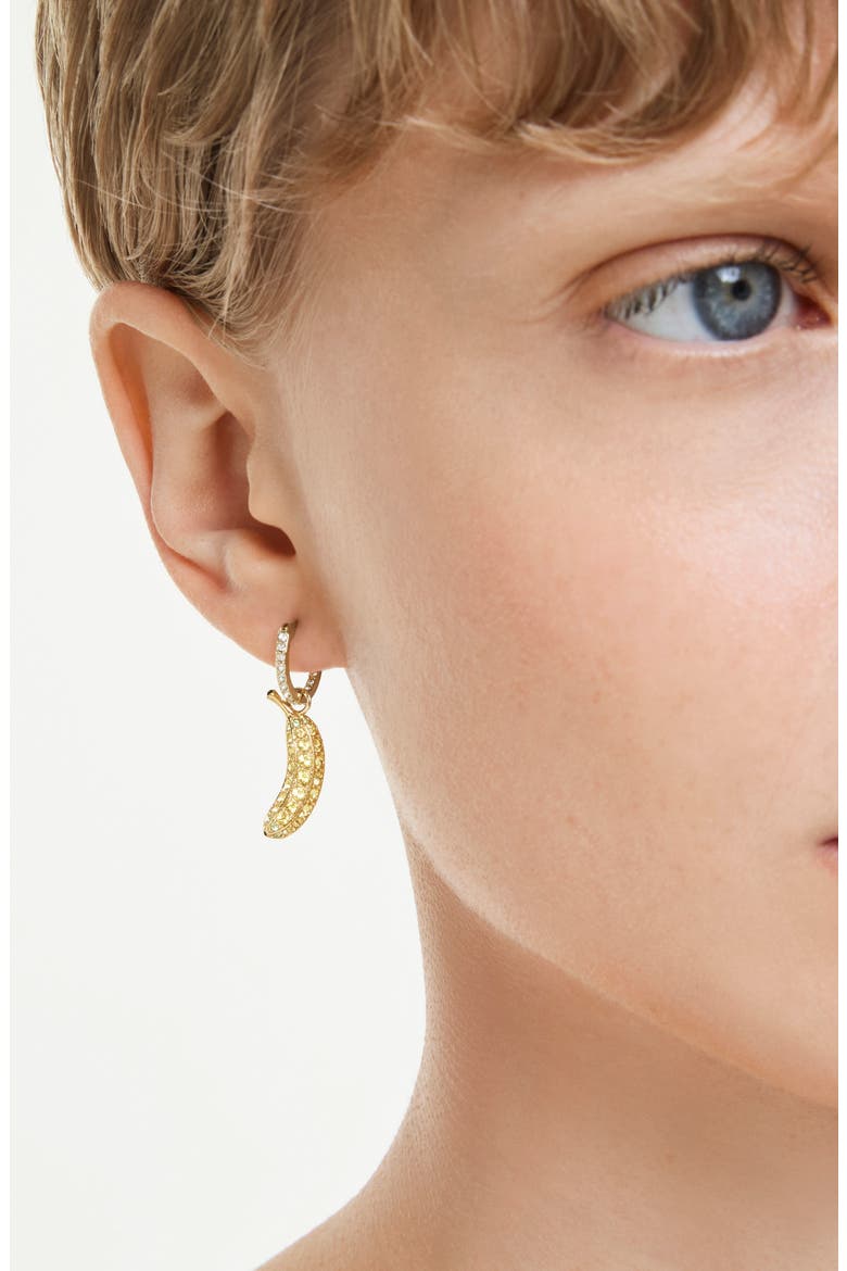 Minions® Stuart Banana Mismatched Crystal Hoop Earrings, Alternate, color, GOLD/ MULTI