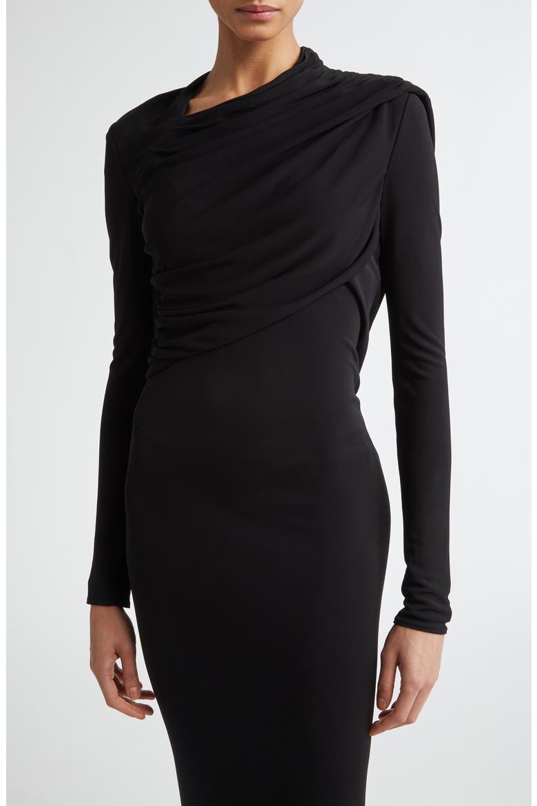 Joy Long Sleeve Pleated Jersey Mermaid Dress, Alternate, color, BLACK