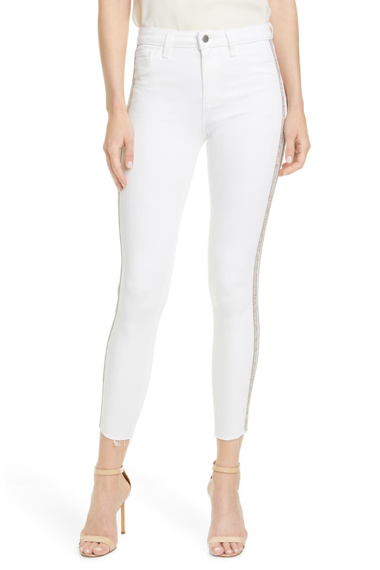 Margot Crystal Side Stripe High Waist Skinny Jeans, Main, color, BLANC