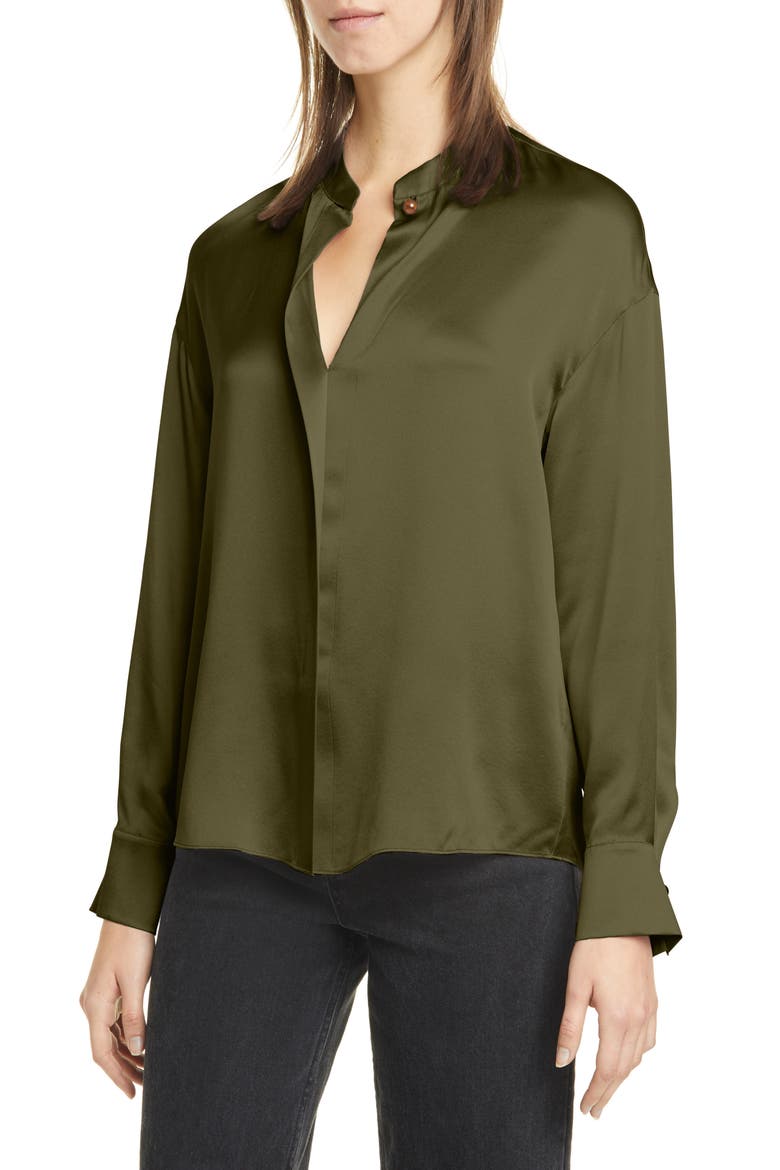 Wrap Front Long Sleeve Silk Blouse, Main, color, MINERAL PINE